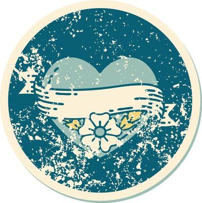 iconic distressed sticker tattoo style image of a heart and banner with flowers