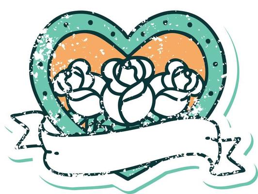 iconic distressed sticker tattoo style image of a heart and banner with flowers