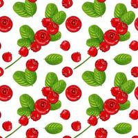 Seamless pattern with red berries and green leaves on a white background. Background with cowberry for fabric, wallpaper or packaging. Vector illustration.