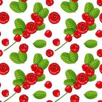 Seamless pattern with red berries and green leaves on a white background. Background with cowberry for fabric, wallpaper or packaging. Vector illustration.