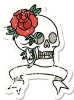 worn old sticker with banner of a skull and rose vector