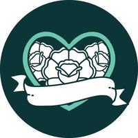 iconic tattoo style image of a heart and banner with flowers vector