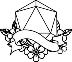 Black and White Tattoo linework Style natural one d20 dice roll vector