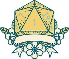 Retro Tattoo Style natural one d20 dice roll vector