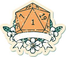 Retro Tattoo Style natural one d20 dice roll vector