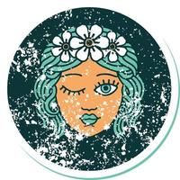 iconic distressed sticker tattoo style image of a maidens face winking vector