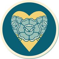 sticker of tattoo in traditional style of a heart and flowers vector