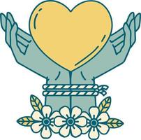 iconic tattoo style image of tied hands and a heart vector