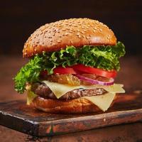 hamburguesa casera con mermelada de carne, queso y cebolla en una tabla de madera. concepto de comida rápida, comida americana foto