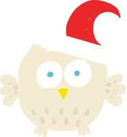 flat color illustration of little owl wearing christmas hat vector