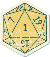 Retro Tattoo Style natural 1 D20 dice roll vector