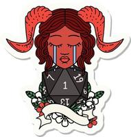 sticker of a crying tiefling with natural one D20 roll vector