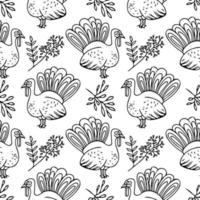 pavo y hojas de patrones sin fisuras garabato dibujado a mano. vector, minimalismo, monocromo. textiles, papel de regalo, papel pintado. día de acción de gracias de otoño vector