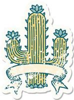 worn old sticker with banner of a cactus vector