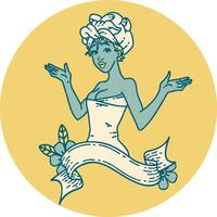 tattoo in traditional style of a pinup girl in towel with banner vector