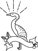 scroll banner with black line work tattoo style standing stork vector