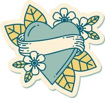 sticker of tattoo in traditional style of a heart and banner vector