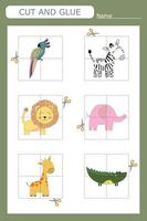 worksheet vector design, the task is to cut and glue a piece on colorful  animals.  Logic game for children.