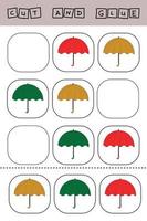 Educational activity, riddle for preschool kids.  Cut ang glue peace of umbrella vector