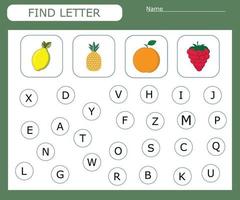 Find the first letter and match with the picture, a game for kids to learn the alphabet. Worksheet for printing. Educational game for children. vector