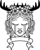 Black and White Tattoo linework Style crying human druid with banner vector