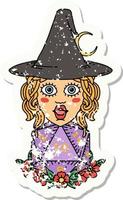 grunge sticker of a human witch with natural twenty dice roll vector