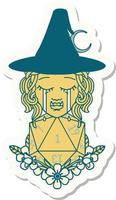 sticker of a crying half orc witch with natural one D20 dice roll vector