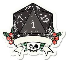 grunge sticker of a natural one d20 dice roll vector