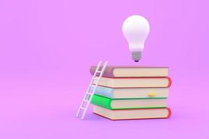 stack of books with white ladder and illuminated light bulb on top of them. photo