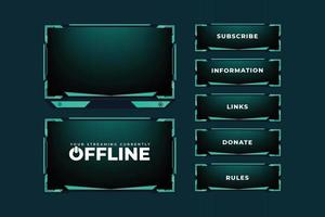 Futuristic gaming overlay vector for screen panels with colorful buttons. Live streaming overlay decoration for online gamers. Green Live stream overlay design with offline screen section.