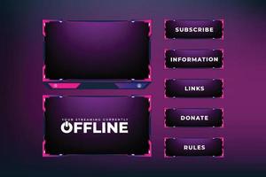 Live streaming button collection with offline screen panels. Streaming overlay design with pink and purple colors. Online gaming panel and broadcast border design. Live gaming screen overlay vector. vector