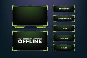 Live gaming overlay design with buttons and screen panels for online gamers. Gaming screen overlay decoration with futuristic shapes. Live streaming overlay vector with green and dark colors.