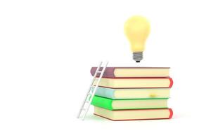 stack of books with white ladder and illuminated light bulb on top of them. photo
