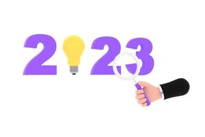 light bulb and magnifying glass. finding or searching ideas concept on new year. photo
