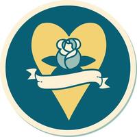 sticker of tattoo in traditional style of a heart rose and banner vector