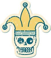 iconic distressed sticker tattoo style image of a skull jester vector