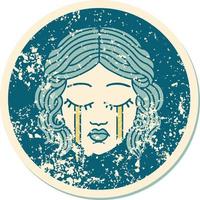 iconic distressed sticker tattoo style image of female face crying vector