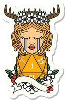 sticker of a crying human druid with D20 natural one roll vector