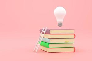 stack of books with white ladder and illuminated light bulb on top of them. photo