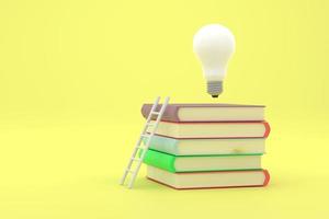 stack of books with white ladder and illuminated light bulb on top of them. photo