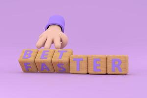 Hand turns dice and changes the word better to faster. photo
