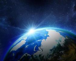 Planet earth globe view from space showing realistic earth surface and world map as in outer space point of view. 3d render photo