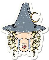 grunge sticker of a crying elf mage character face vector