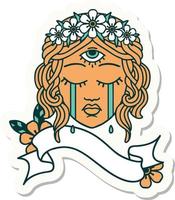 tattoo style sticker with banner of female face with mystic third eye crying vector