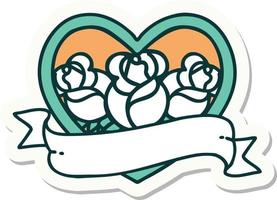 sticker of tattoo in traditional style of a heart and banner with flowers vector