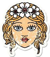 distressed sticker tattoo in traditional style of female face with crown of flowers vector