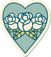 sticker of tattoo in traditional style of a heart and flowers vector