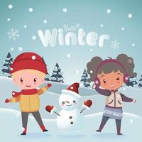 Adorable child greets winter happily vector