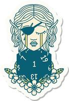 sticker of a crying elf rogue character face with natural one D20 roll vector