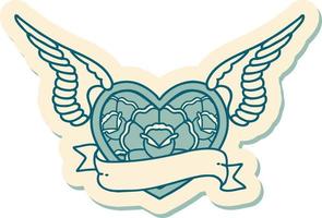 sticker of tattoo in traditional style of a flying heart with flowers and banner vector